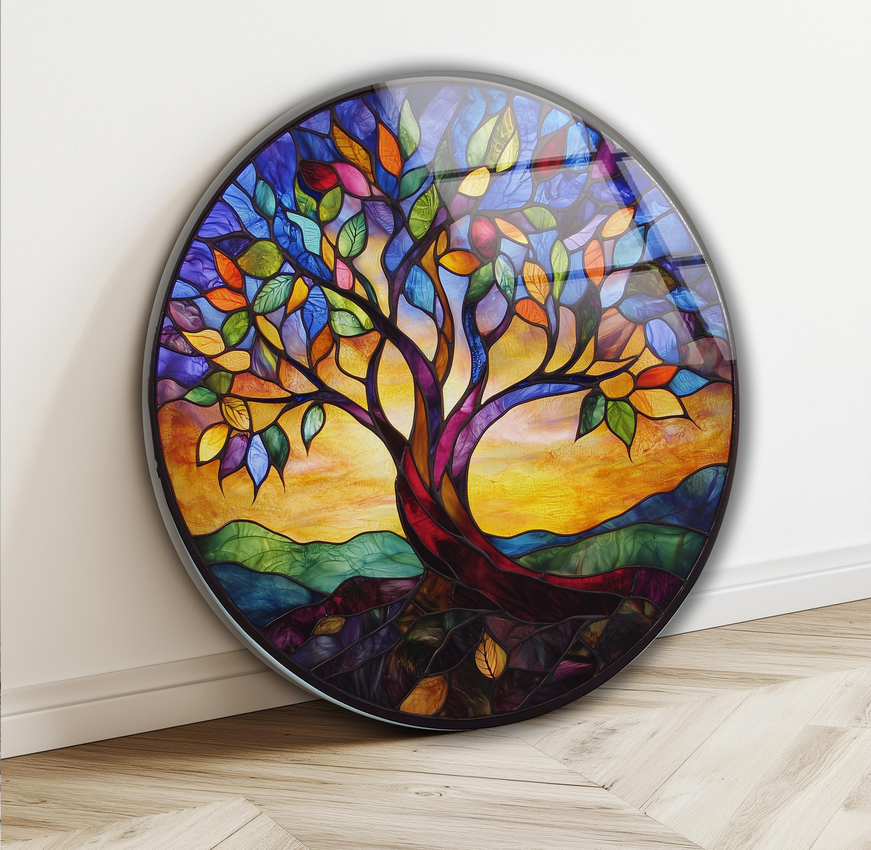 Stained Mosaic Style Tree of Life Tempered Glass Wall Art: Spiritual Home Decor