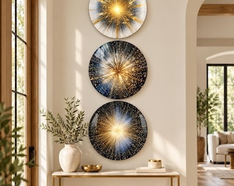 3 Piece Tempered Glass Wall Art Set, Abstract Gold Blue Burst Decor, Modern Round Glass Art