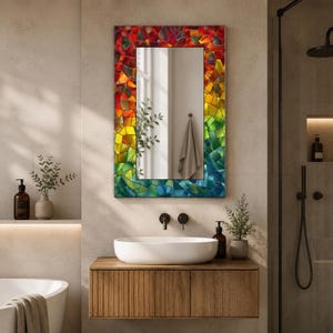 Rainbow Mosaic Tempered Glass Mirror, Modern Wall Art Decor, Purple Green Marble Design