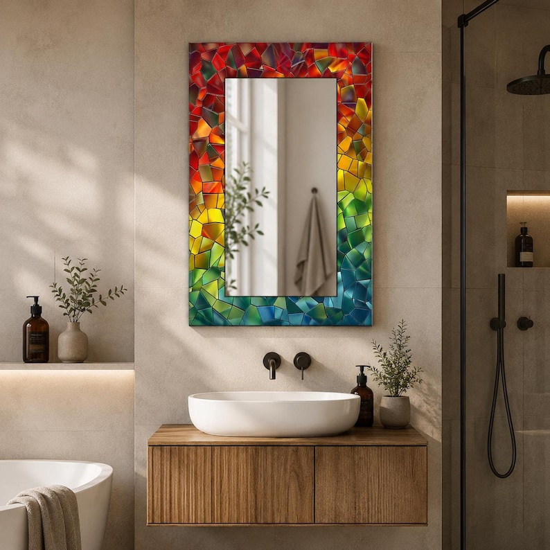 Rainbow Mosaic Tempered Glass Mirror, Modern Wall Art Decor, Purple Green Marble Design