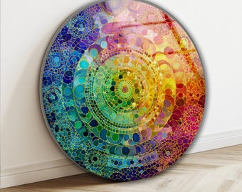 Muurkunst regenboogmozaïek van gehard glas: kleurrijk abstract cirkeldecor, uv-print op glas