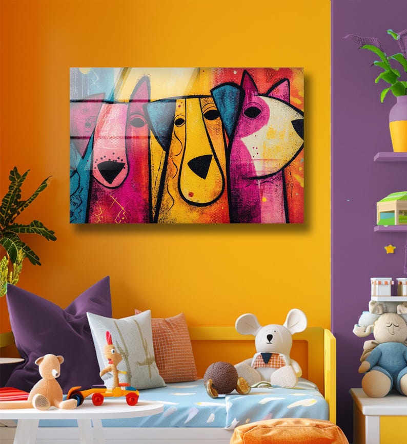 Pop Art Dogs Tempered Glass Wall Decor: Modern Colorful Home Arts
