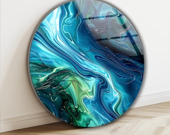 Blue Green Agate Glass Wall Art, Modern Home Decor, Abstract Marble Look Decor