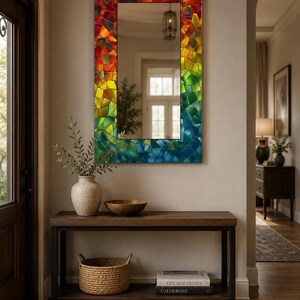 Rainbow Mosaic Tempered Glass Mirror, Modern Wall Art Decor, Purple Green Marble Design