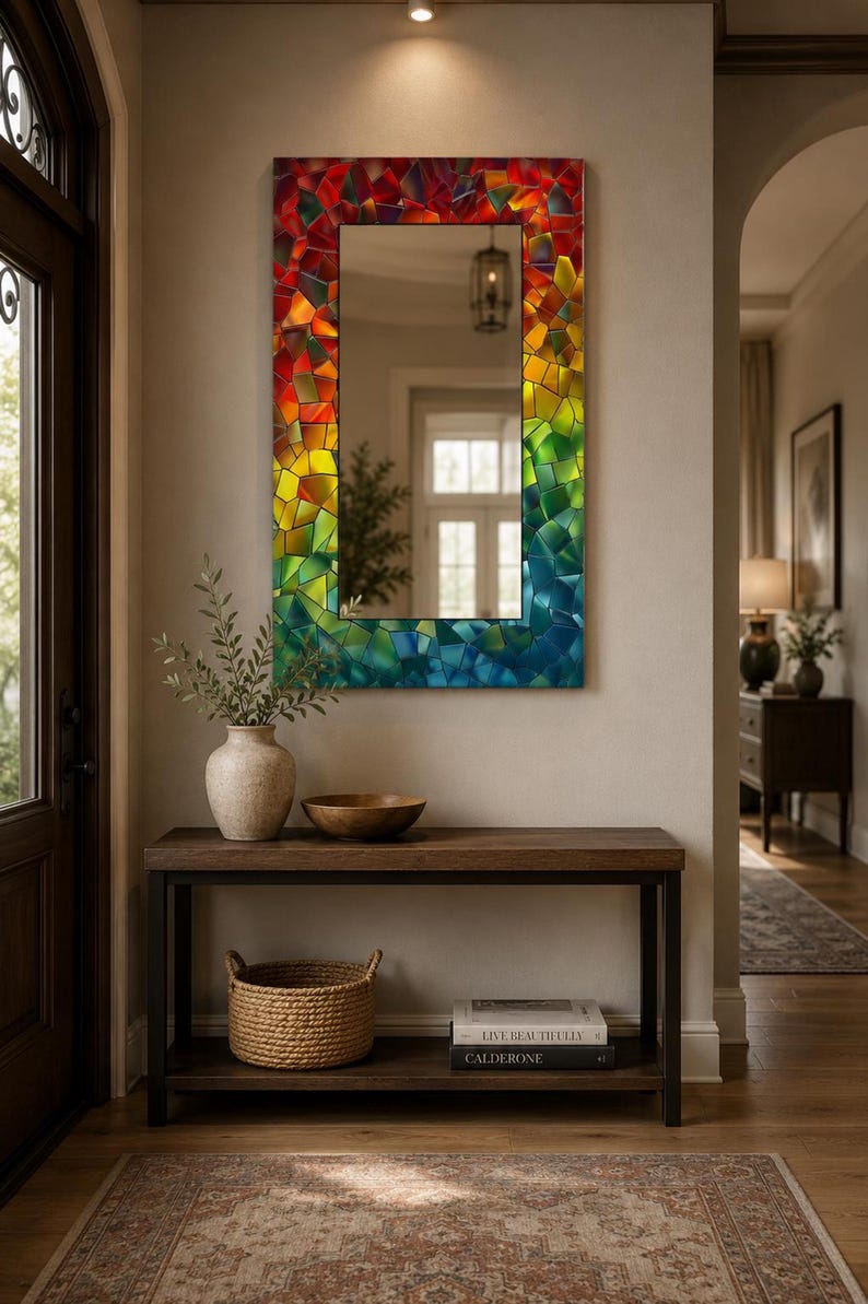 Rainbow Mosaic Tempered Glass Mirror, Modern Wall Art Decor, Purple Green Marble Design