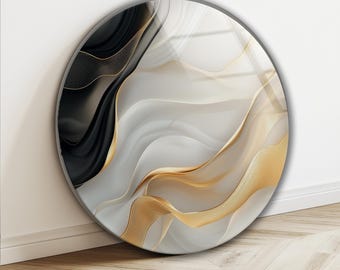 Abstract Marble Style Tempered Glass Wall Art: Round Gold Home Decor