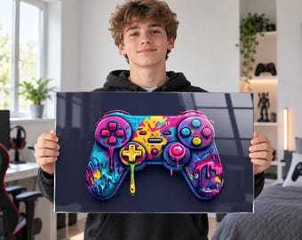Neon Gaming Controller Tempered Glass Wall Art, Gamer Room Decor for Teens and Kids, Colorful Game Room Gift