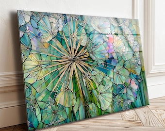 Dandelion Tempered Glass Wall Art, Teal Botanical Print, Stained Glass Style Floral Decor