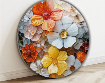 Floral Tempered Glass Wall Art: Stained Style Round Home Decor