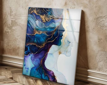Blue Gold Marble Look Abstract Tempered Glass Wall Art: Kintsugi Style Home Decor