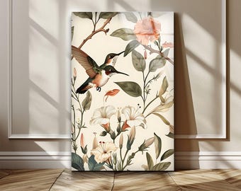 Hummingbird Glass Wall Art, Tempered Panel, Vintage Botanical Style