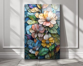 Floral Stained Glass Style Tempered Glass Wall Art, Modern Home Decor