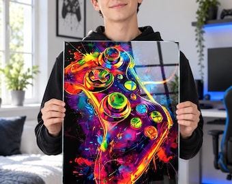Neon Gaming Controller Tempered Glass Wall Art, Gamer Room Decor for Teens and Kids, Colorful Game Room Gift