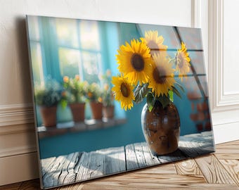 Wandbild mit Sonnenblumenmotiv aus Glas, gehärtetes Glas, gelbe Blumendekoration