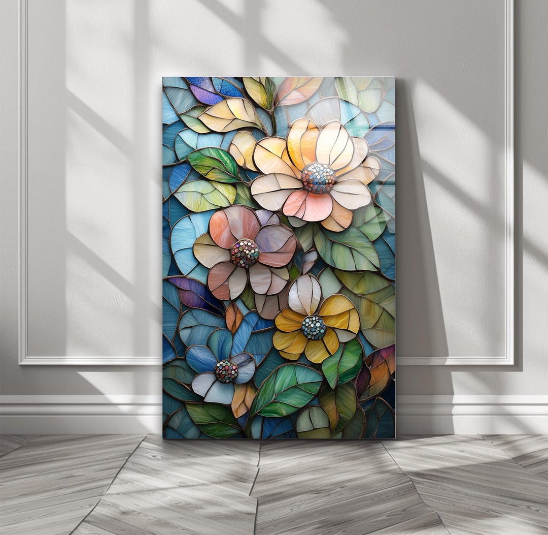 Floral Stained Glass Style Tempered Glass Wall Art, Modern Home Decor ...