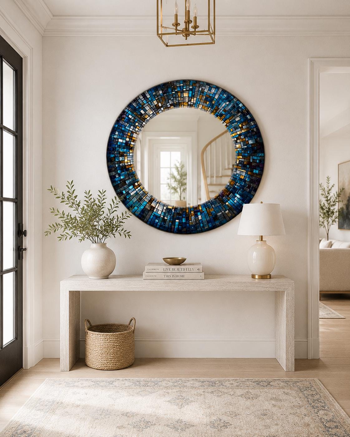 Blue Mosaic Tempered Glass Mirror Wall Art, Circle Tempered Glass ...