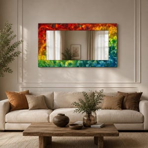 Rainbow Mosaic Tempered Glass Mirror, Modern Wall Art Decor, Purple Green Marble Design