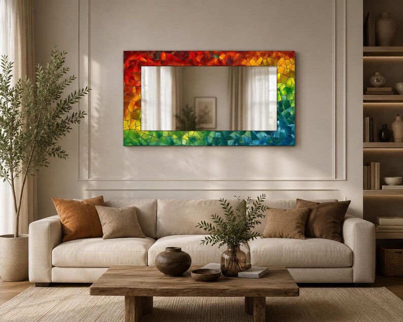 Rainbow Mosaic Tempered Glass Mirror, Modern Wall Art Decor, Purple Green Marble Design