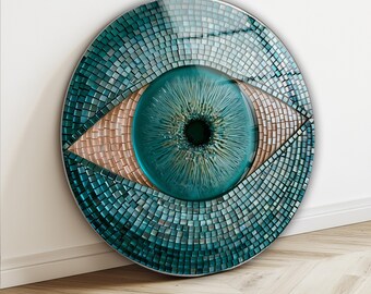 Turquoise Evil Eye Tempered Glass Wall Art, Round Mosaic Look Glass Wall Decor, Colorful Teal Eye Artwork