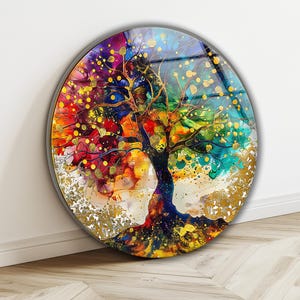 Tree of Life Glass Wall Art, Large Round Wall Decor, Tempered Glass Wall Hanging, Boho Living Room Wall Decor, Spiritual Home Decor