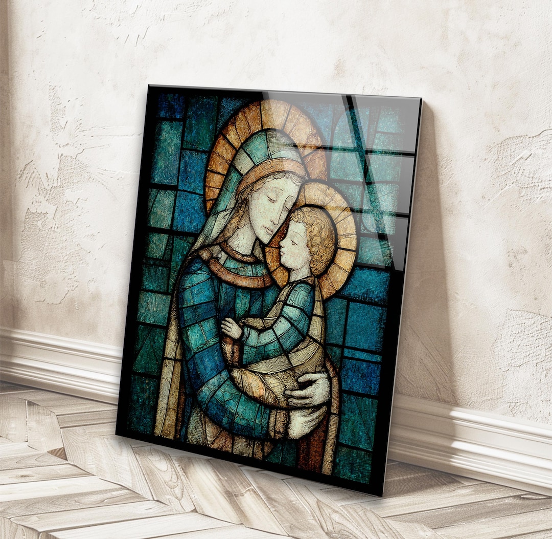 Virgin Mary and Jesus Tempered Glass Wall Art: Stained Style Christian ...