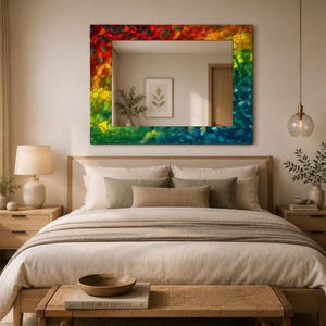 Rainbow Mosaic Tempered Glass Mirror, Modern Wall Art Decor, Purple Green Marble Design