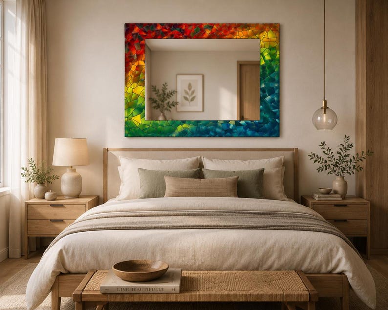 Rainbow Mosaic Tempered Glass Mirror, Modern Wall Art Decor, Purple Green Marble Design