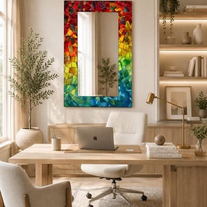 Rainbow Mosaic Tempered Glass Mirror, Modern Wall Art Decor, Purple Green Marble Design