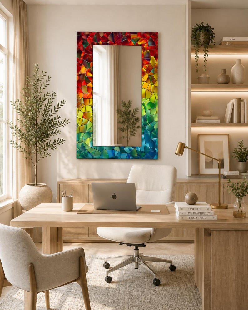 Rainbow Mosaic Tempered Glass Mirror, Modern Wall Art Decor, Purple Green Marble Design