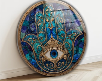 Evil Eye Hamsa Tempered Glass Wall Art: Hand of Fatimah, Religious Round Home Decor