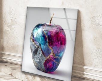 Quadro su vetro temperato Kintsugi con motivo a mela: decorazione moderna per la casa, decorazione murale di grandi dimensioni, decorazione murale in vetro temperato, stampa artistica Kintsugi