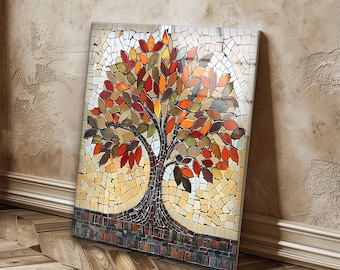 Stained Mosaic Style Tree of Life Tempered Glass Wall Art: UV Print on Glass Decor
