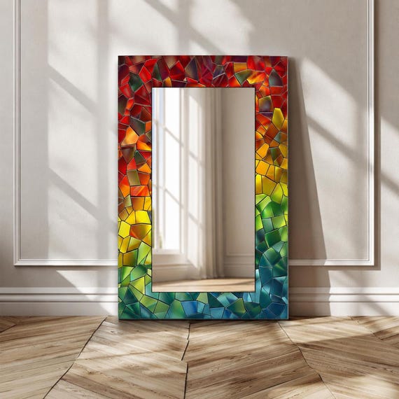 Rainbow Mosaic Tempered Glass Wall Mirror, Modern Wall Art Decor