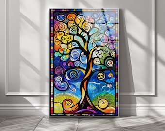 Gustav Klimt Style Tree of Life Tempered Glass Wall Art: Stained Colorful UV Print Decor