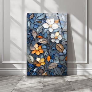 Stained Style Floral Tempered Glass Wall Art: Vintage Home Decor, Housewarming Gift, Tempered Glass Wall Decor