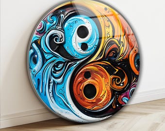 Yin Yang Tempered Glass Wall Art, Round Yoga Studio Decor, Round Spiritual Decor