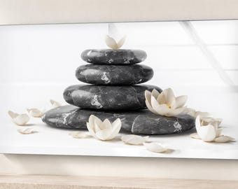 Zen Stones Tempered Glass Wall Art: Lotus Flower Spa Decor