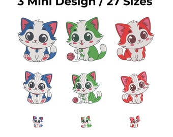 3 Kawaii Cat Character Design Machine Embroidery Files (Digital Download) Machine Embroidery Design
