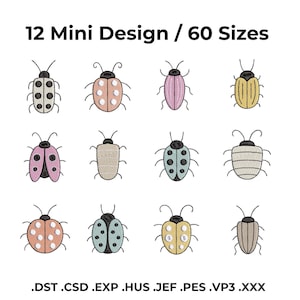 Op de afbeelding: Een verzameling van twaalf mini-insectenontwerpen in verschillende kleuren, waaronder roze, geel en blauw. Elk ontwerp heeft een ander patroon en vorm, met de tekst "12 Mini Design / 60 Sizes" bovenaan. De bestandsformaten staan onderaan.