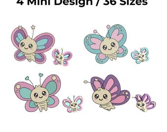 Kawaii Butterfly Character Design Machine Embroidery Files (Digital Download) Machine Embroidery Design