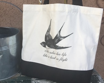 large tote  bag   ~ stevie nicks style ~ canvas ~ she rules her life like a bird in flight