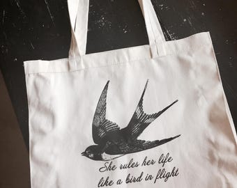 tote  bag   ~ stevie nicks style ~ canvas ~ she rules her life like a bird in flight