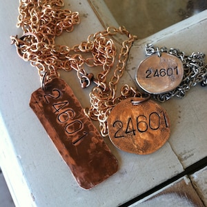 24601 Les Miserables inspired necklace hand hammered rustic Jean Valjean choose your style