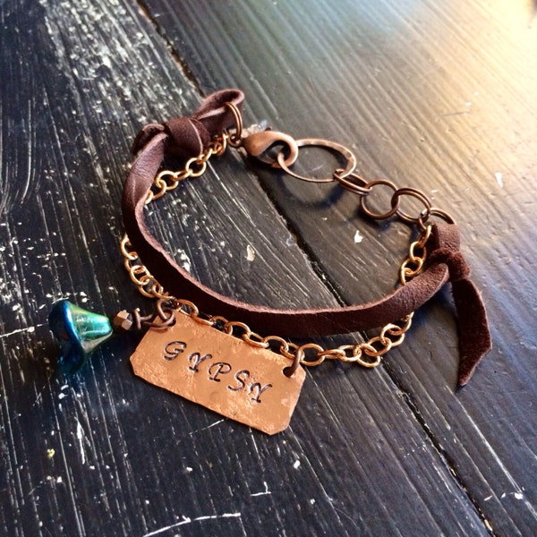 Fleetwood Mac Copper and leather bracelet ~ Bohemian Gypsy Stevie Nicks style ~ Customize with your words ~ metal stamped by hand
