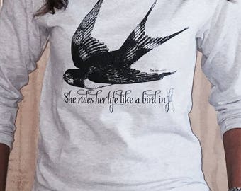 Rhiannon LONG SLEEVE ~ Gray or white ~  100% cotton ~ she rules her life like a bird in flight