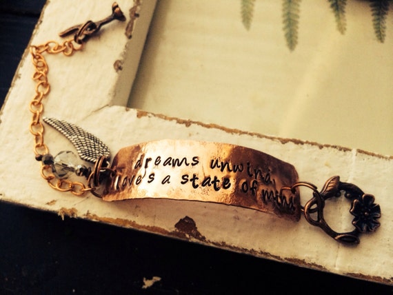 Quote ART DECO hand stamped Bracelet,Aluminum,engraved cuff,inspirational music cuff Fleetwood Mac~Stevie Nicks Dream Song~ Crystal Visions