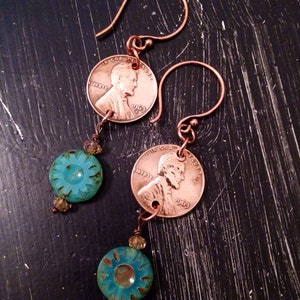 Birthday birthdate YEAR earrings Hand Hammered and Polished copper pennies anniversary special date