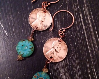 Birthday birthdate YEAR earrings Hand Hammered and Polished copper pennies anniversary special date