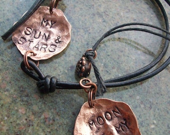 Moon of my life & my sun and stars Bracelets ~ Thrones style ~ Hand Hammered copper jewelry ~ set of two CHOOSE your WORDs