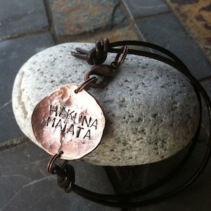 no worries ~  bracelet or necklace ~ copper penny ~ hand hammered metal stamped ~ hakuna matata